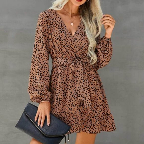 Dalmatian print ruffle hem wrap belted dress